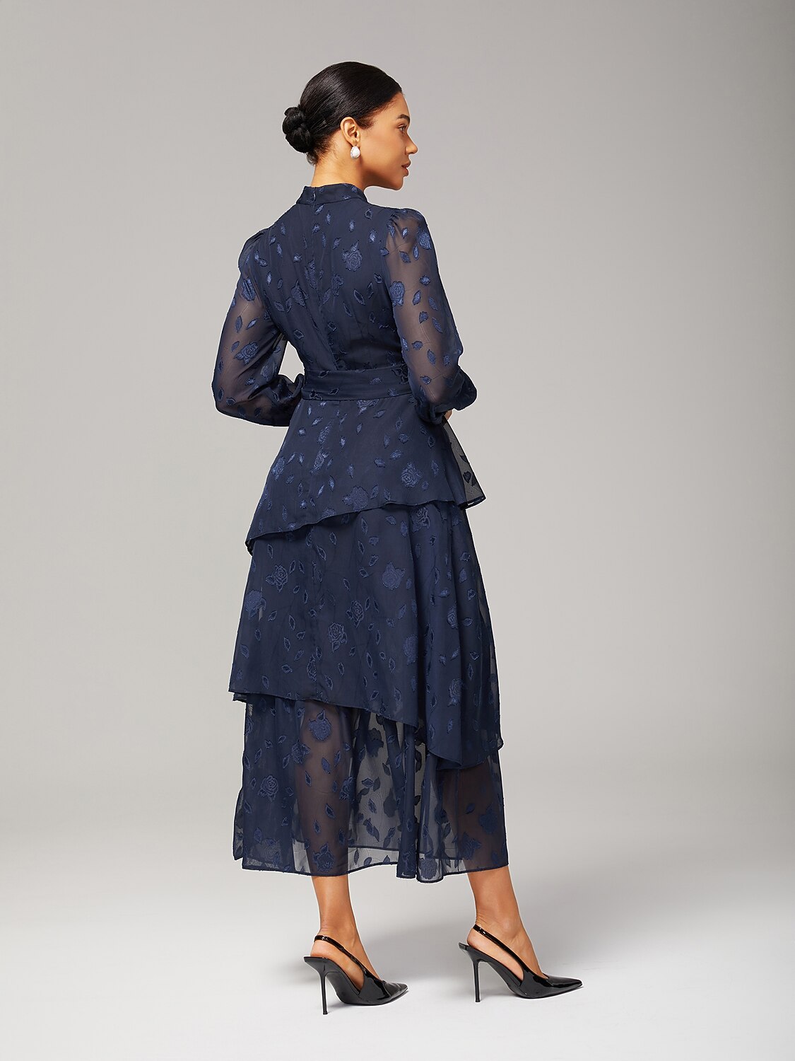 Elegant Floral Print High-Neck Maxi Chiffon Dress