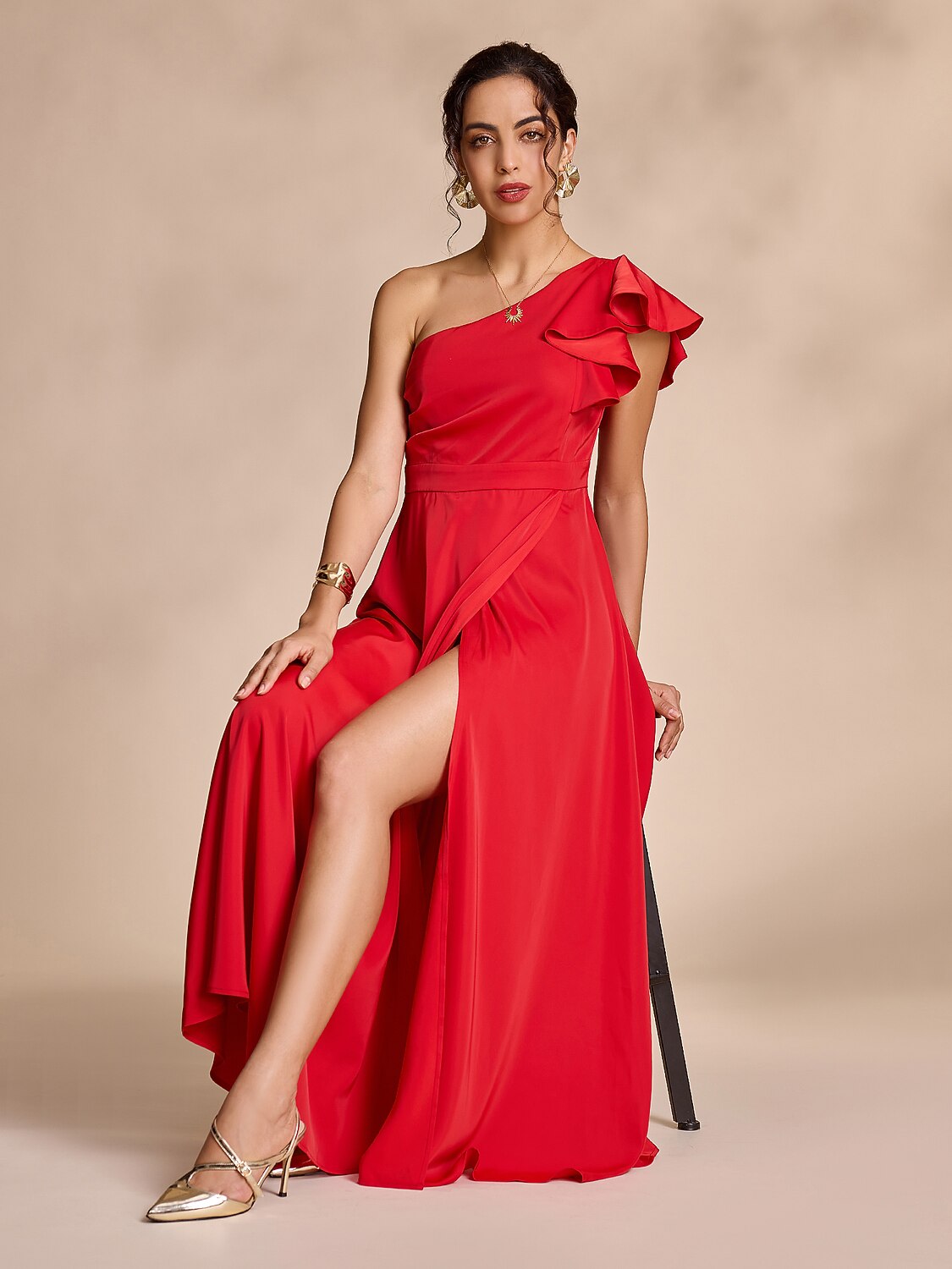 Satin Peplum Hem Solid Maxi Dress Dress