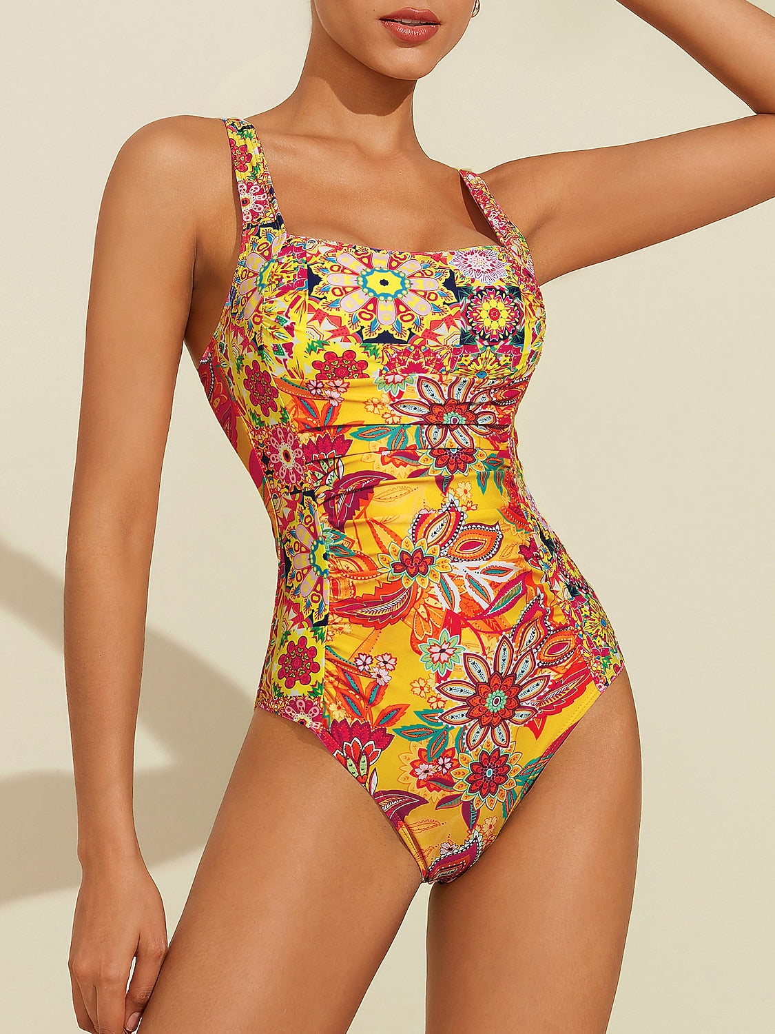 Removable Pad Shirred Boho Swimsuit