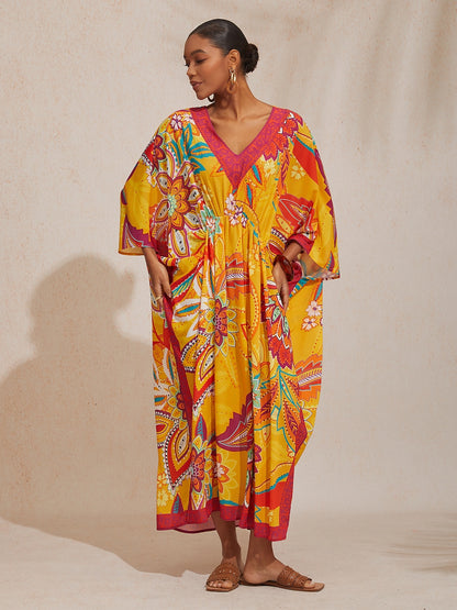 Vacation Yellow Paisley Floral Dolman Sleeves Chiffon Maxi Dress