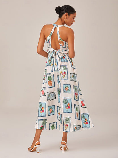 Seamless Pattern Print Halter Neck Maxi Dress
