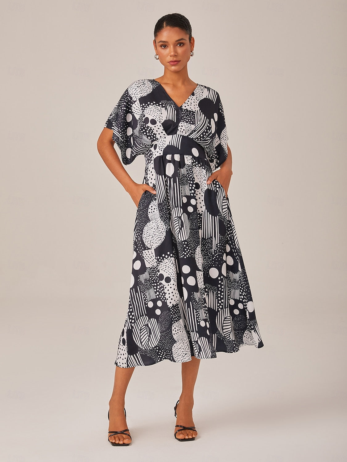 Midi Dress Chiffon Geometric Polka Dot Print