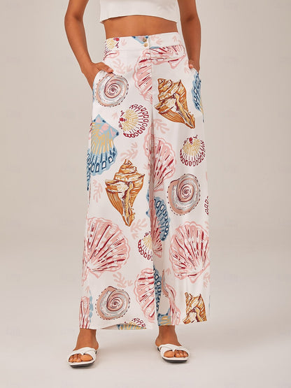 Shell Print Elastic Waist Wide Leg Pants