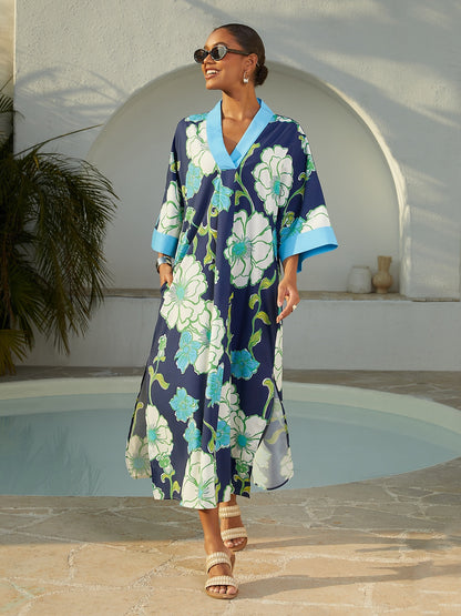 Vacation Color Block Floral Dolman Sleeve Loose Fit Rayon Like Maxi Dress