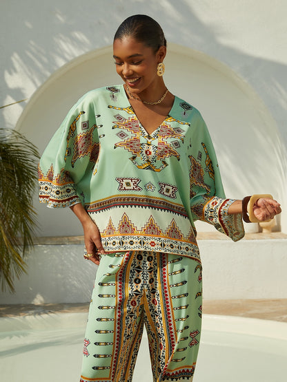 Vacation Vintage Geometric Print Satin Dolman Sleeve Short Top