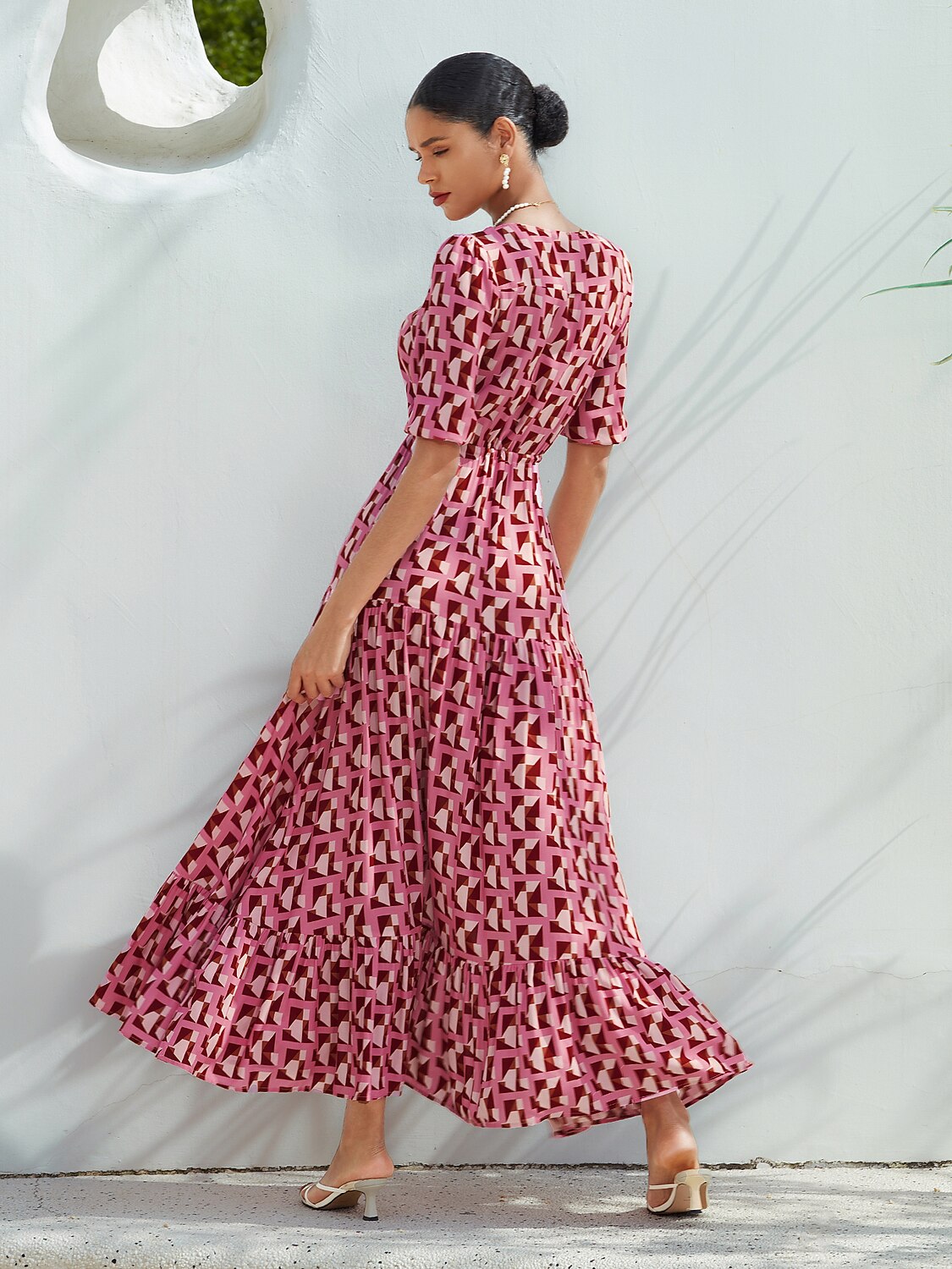 Resort Maxi Dress Pink Short Geometic Drawstring