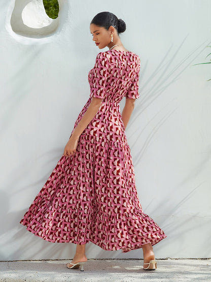 Resort Maxi Dress Pink Short Geometic Drawstring