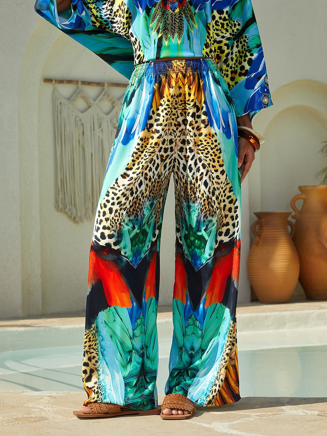 Vacation Leopard Feather Print Straight Fit Satin Long Pants