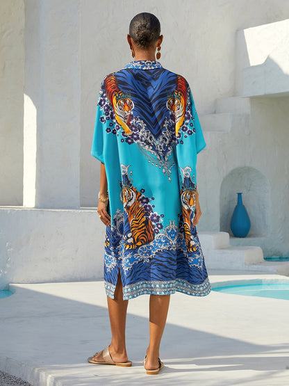 Indigo Tigress Chiffon Vacation Shirt Dress
