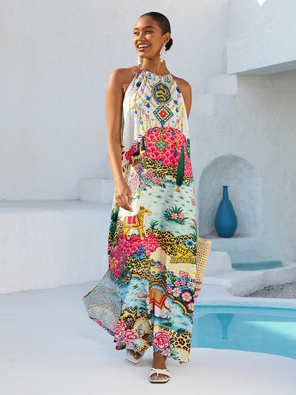 Vacation Vintage Patchwork Motif Sleeveless Drawstring Satin Maxi Dress