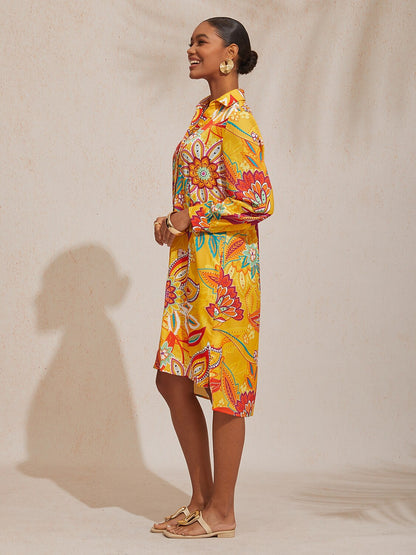 Vacation Yellow Paisley Print Straight Fit Satin Shirt Dress