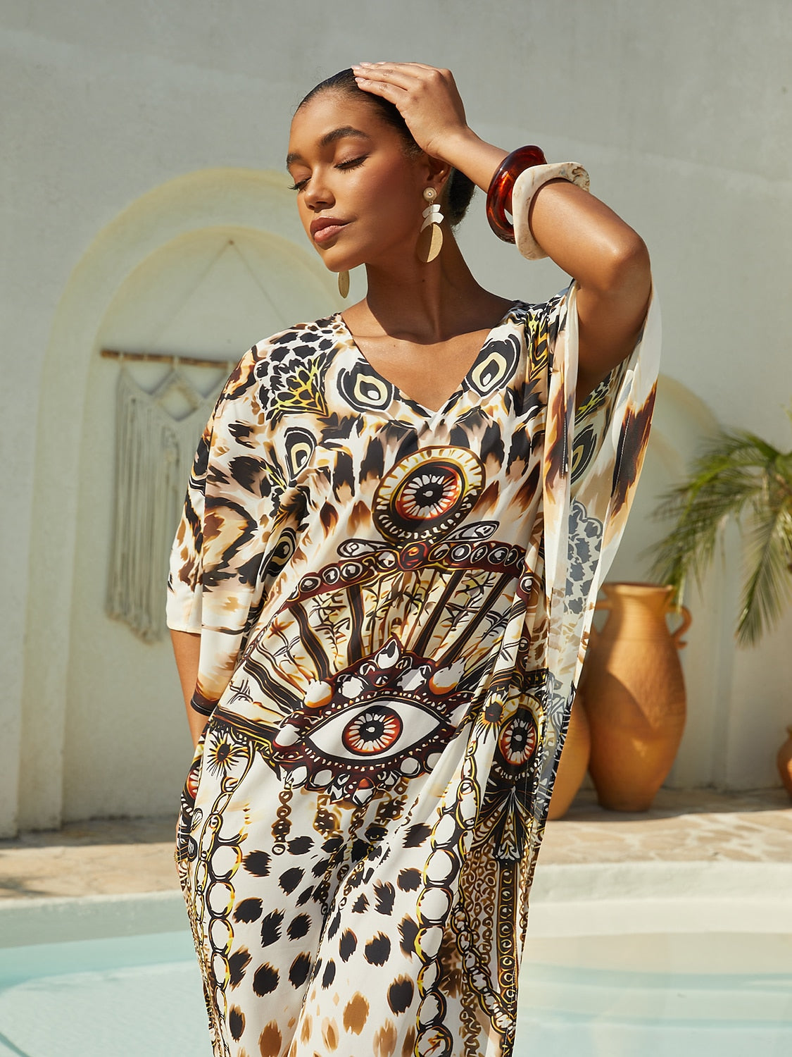 Vacation Leopard Motif Dolman Sleeve Loose Fit Chiffon Maxi Dress