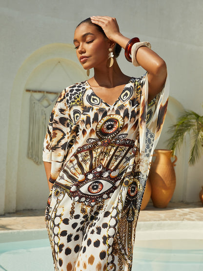 Vacation Leopard Motif Dolman Sleeve Loose Fit Chiffon Maxi Dress