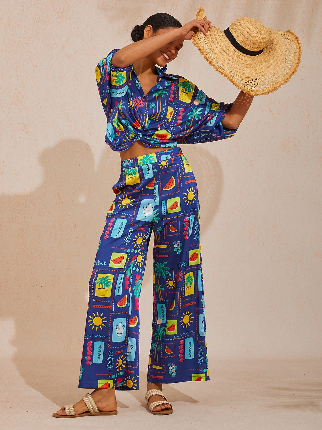 Vacation Geometric Tropical Print Dolman Sleeve Satin Short Shirt