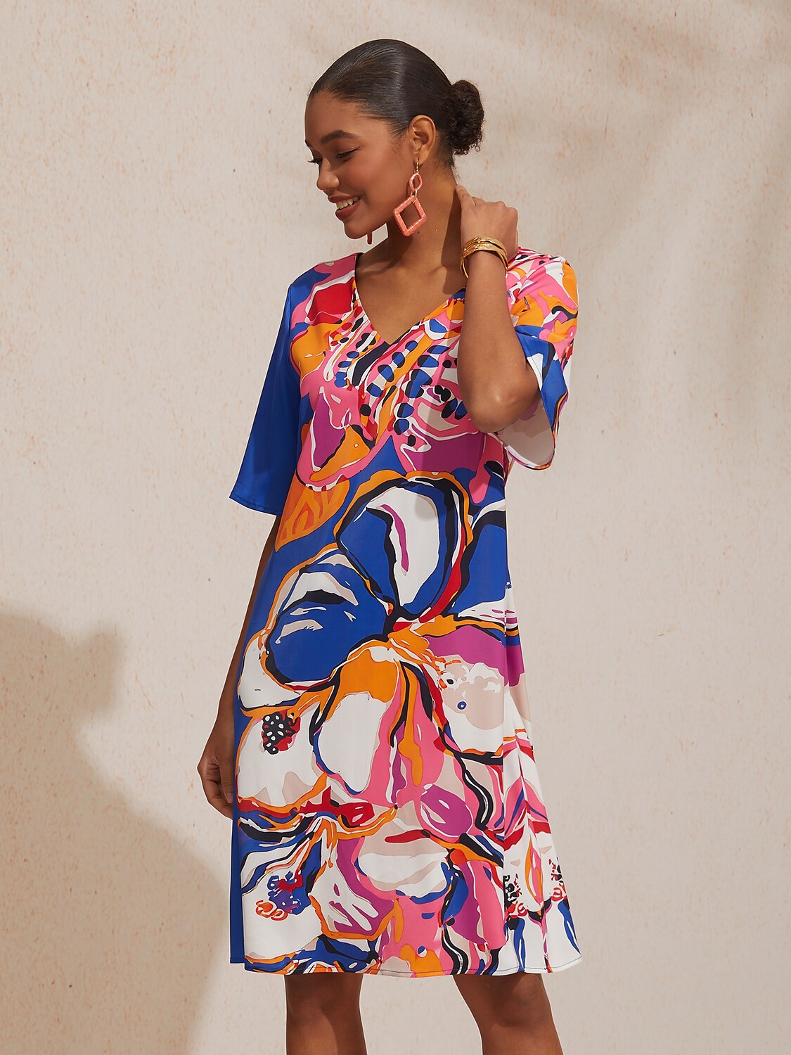 Vacation Artistic Floral Fitted Waist Satin Mini Dress