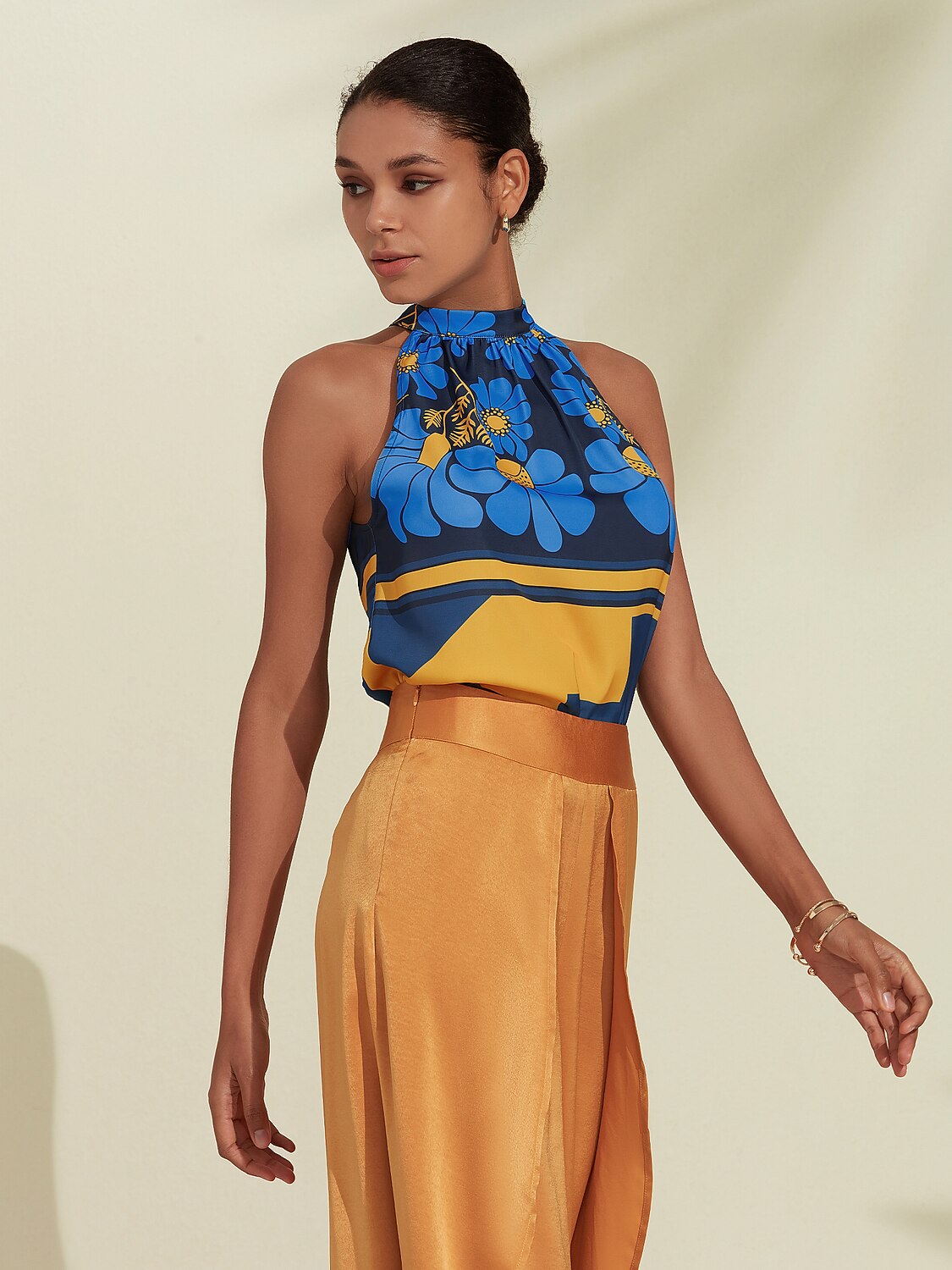 Geometic Flower/Plants Ruched Tie back/Tie front Blouses