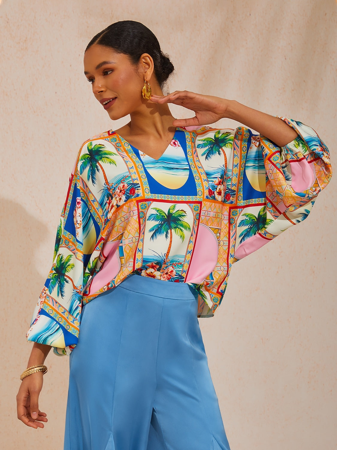 Vacation Geometric Floral Print Dolman Sleeve Satin Top