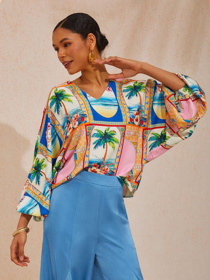Vacation Geometric Floral Print Dolman Sleeve Satin Top
