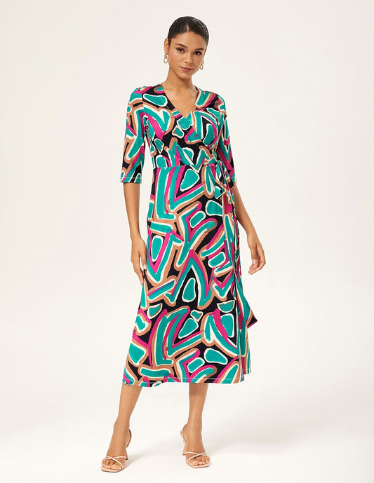 Colorful Abstract Printed Stretch Wrap Dress