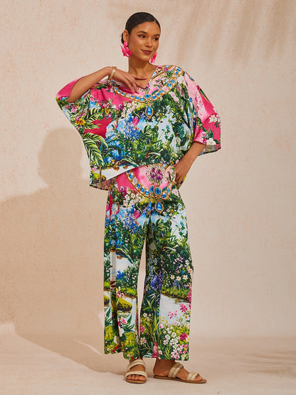 Vacation Jungle Print Straight Satin Wide Leg Pants
