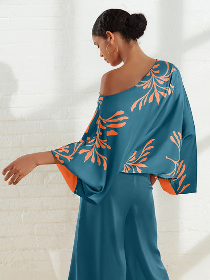 Satin Geometrical Floral Print Puff Sleeves Vacation Shirt