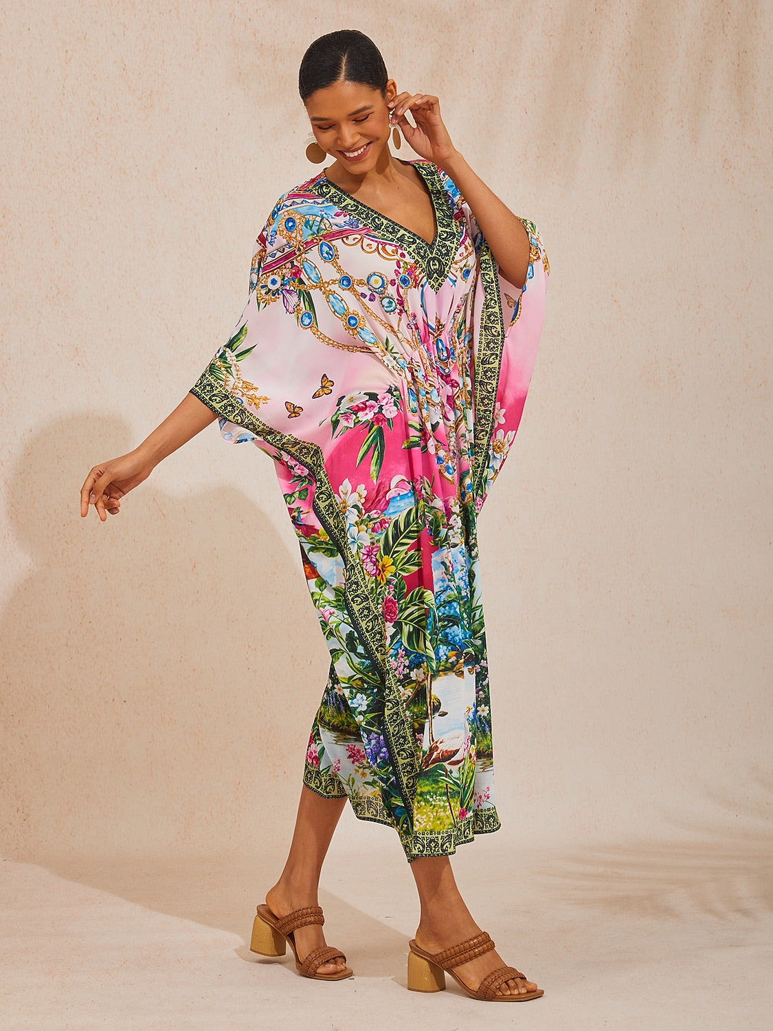 Vacation Floral Chain Print Dolman Sleeve Chiffon Maxi Dress