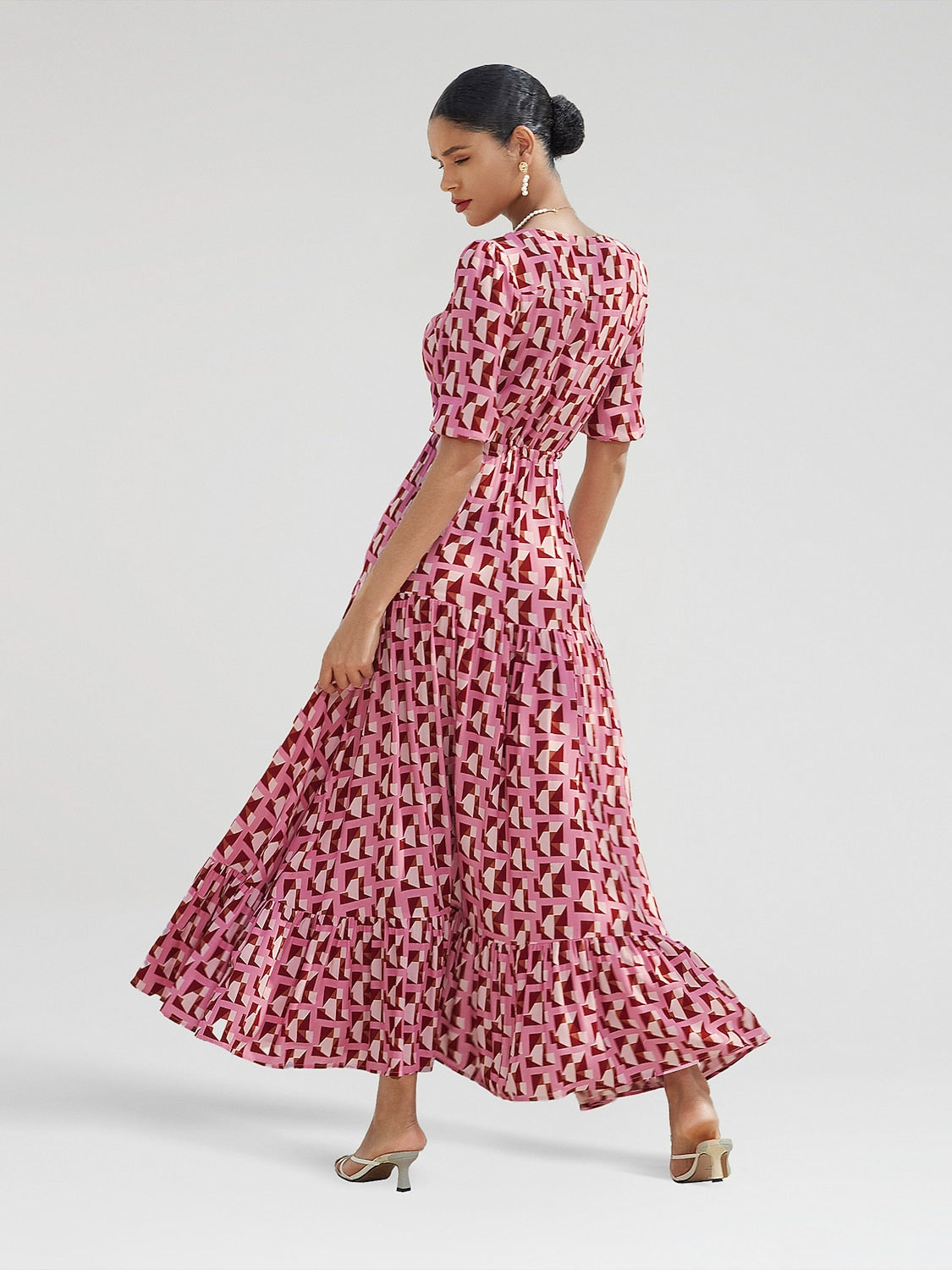 Resort Maxi Dress Pink Short Geometic Drawstring