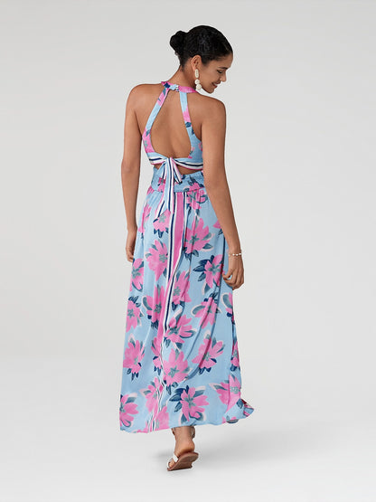 Satin Print Halter Backless Maxi Dress