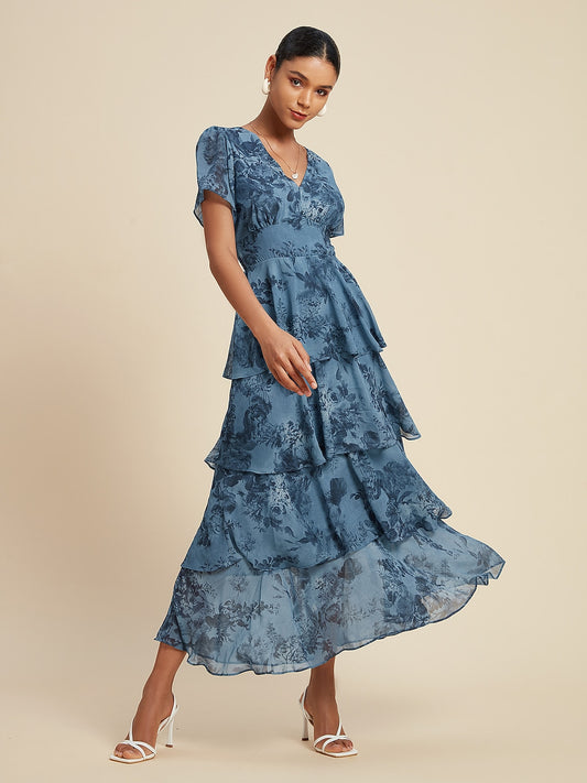 Floral Chiffon Maxi Dress A Line Tiered Ruffle Cake