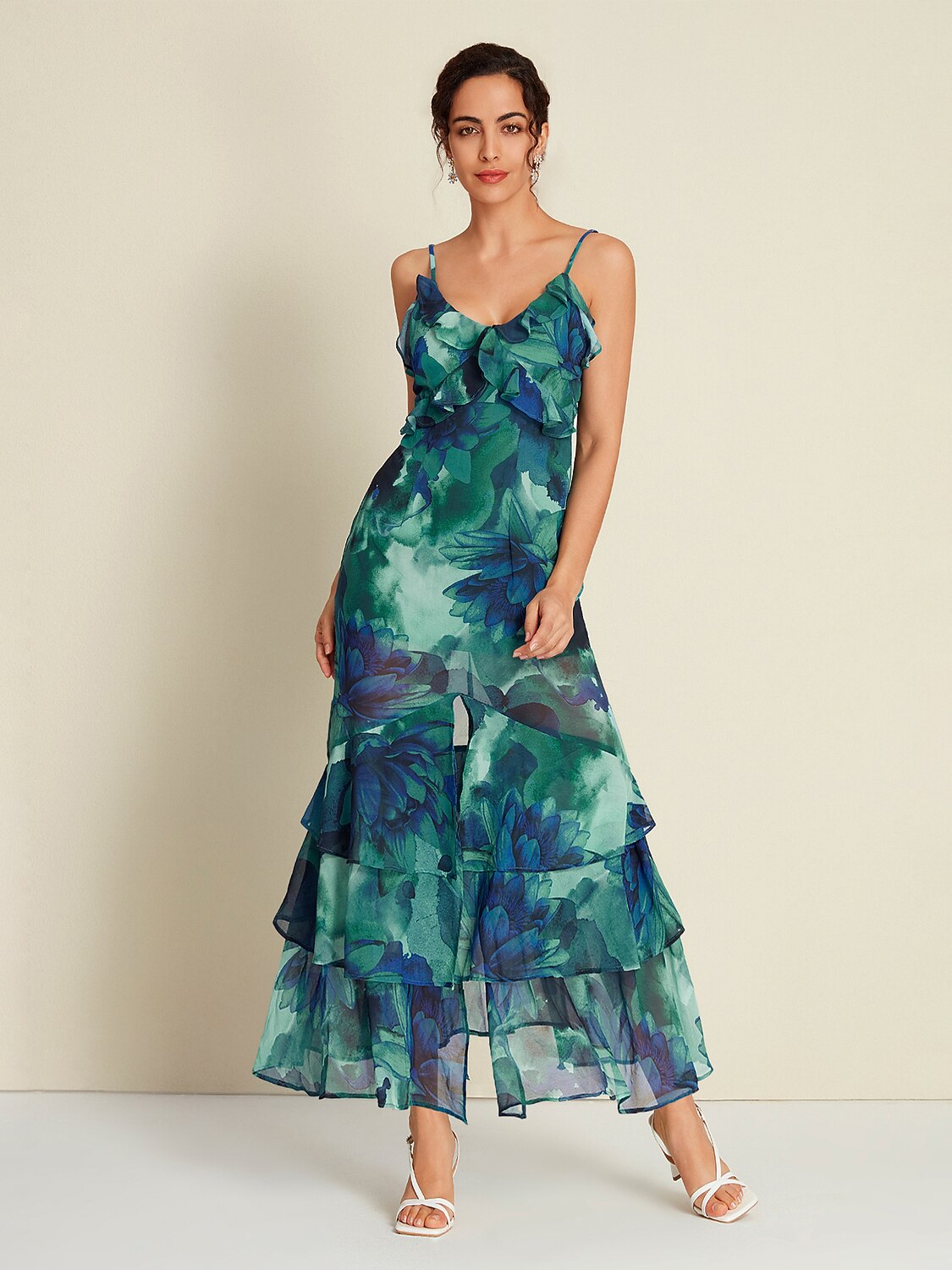 Chiffon Floral Print Ruffle Split Ends Sleeveless Maxi Dress