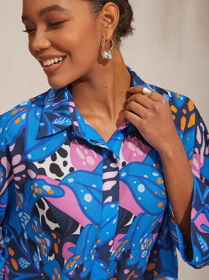 Vacation Color Dot Floral Dolman Sleeve Satin Shirt