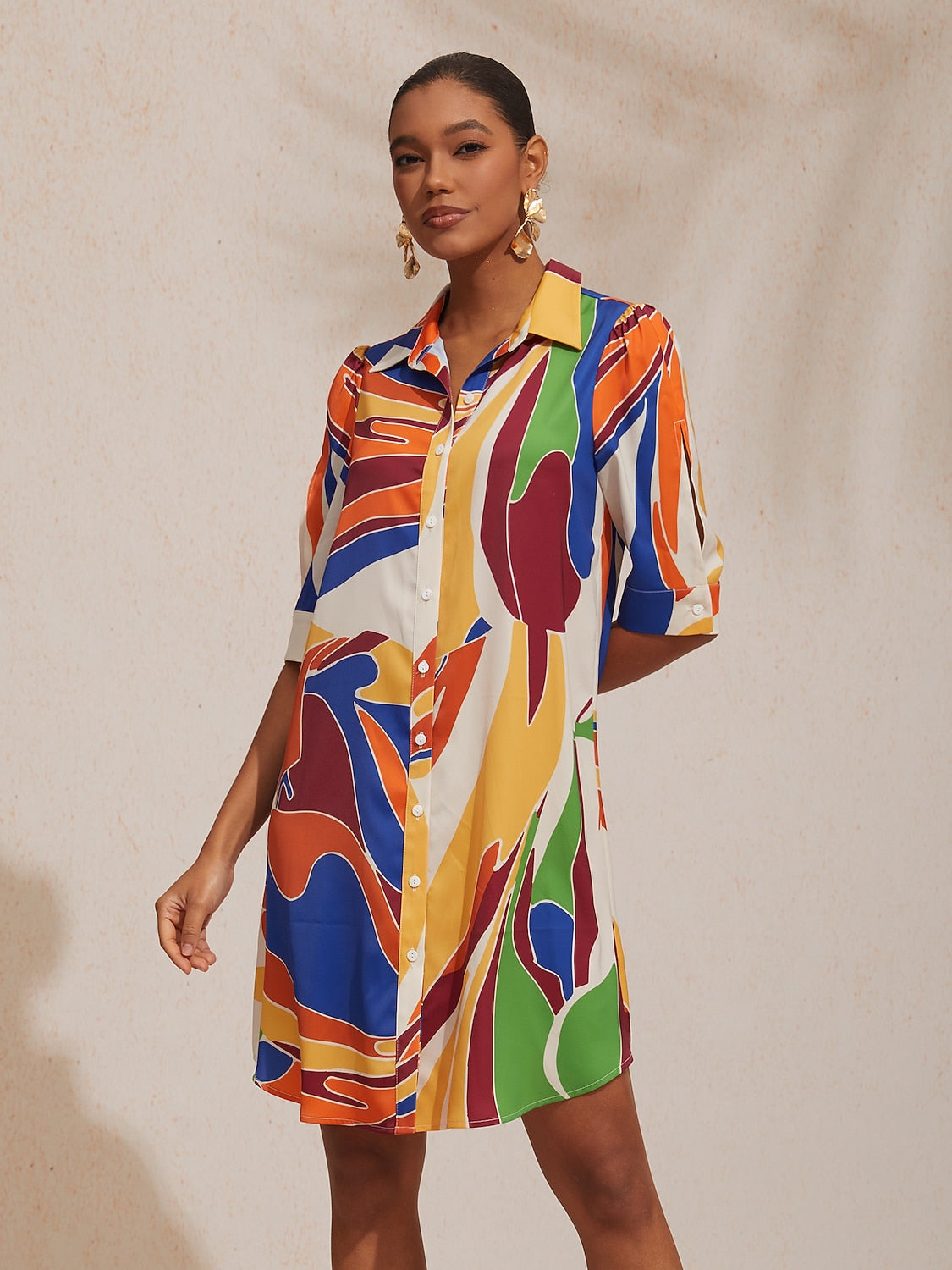 Vacation Geometric Color Block Pattern Straight Satin Shirt Dress