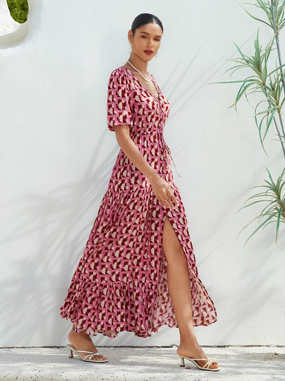 Resort Maxi Dress Pink Short Geometic Drawstring