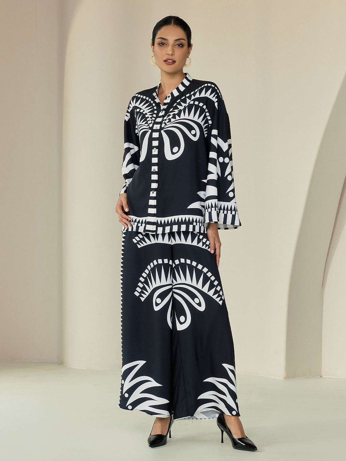 Blouse Black Satin Geometric Print Flare Cuff