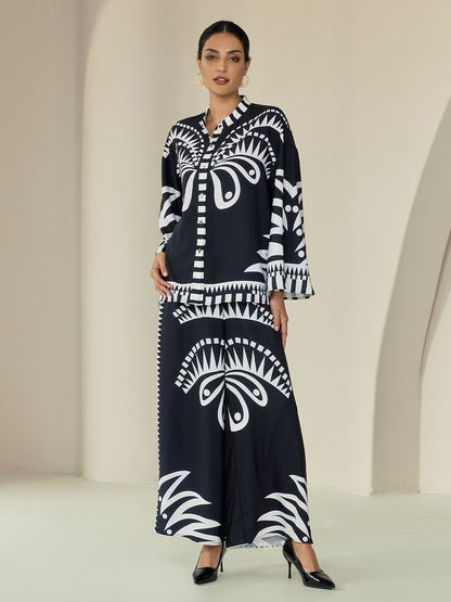 Blouse Black Satin Geometric Print Flare Cuff