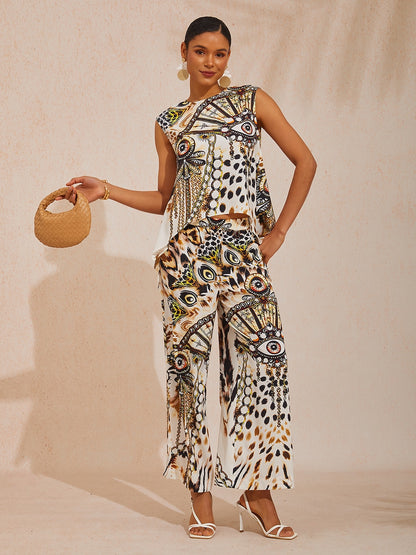 Vacation Leopard Chain Print Sleeveless Satin Top