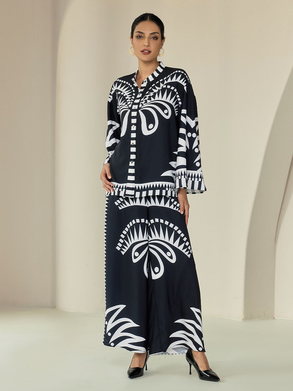 Wide Leg Pants Black Satin Full Length Printing