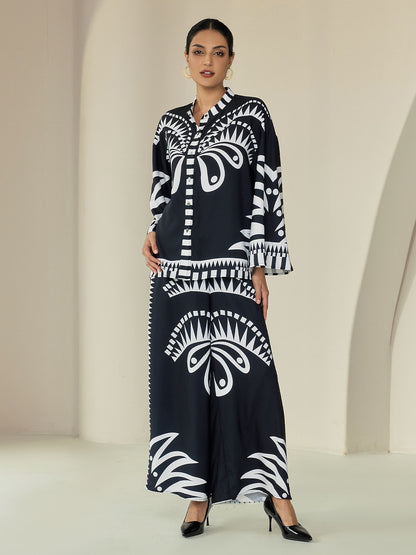 Wide Leg Pants Black Satin Full Length Printing