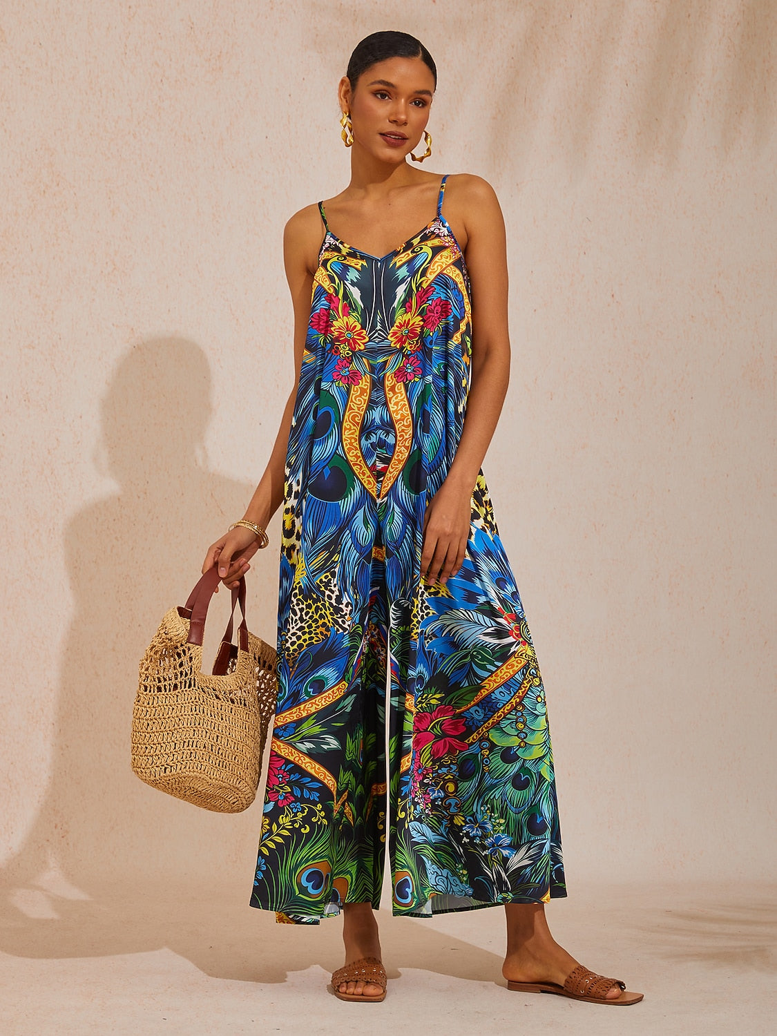 Vacation Jungle Feather Print Satin Cami Jumpsuit