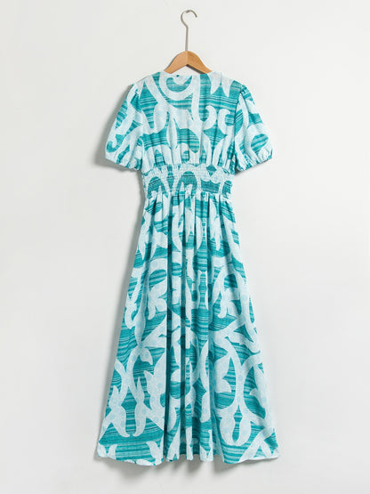 Puff Sleeve V Neck Maxi Dress