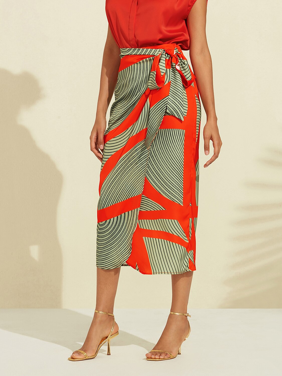 Satin Geometric Print Green Daily Casual Midi Skirt