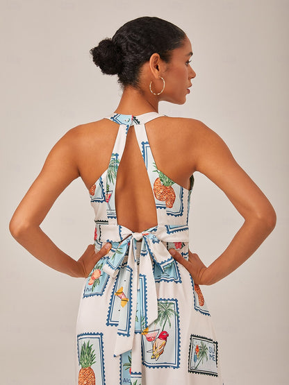 Seamless Pattern Print Halter Neck Maxi Dress