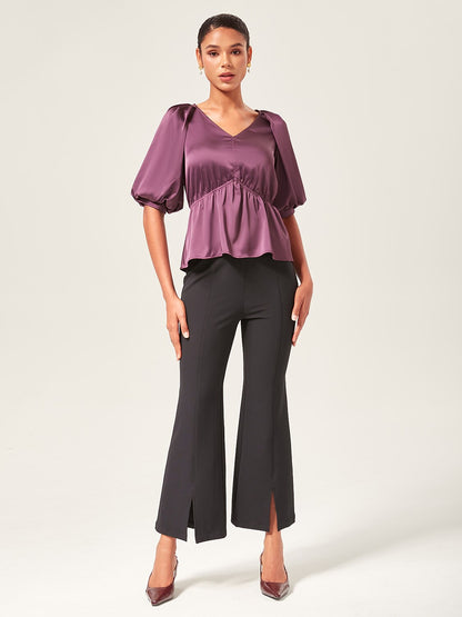 V-Neck Puff Sleeve Peplum Top