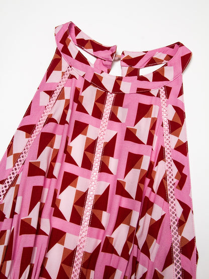 Dress Maxi Rayon Geometric Print Lace Trim