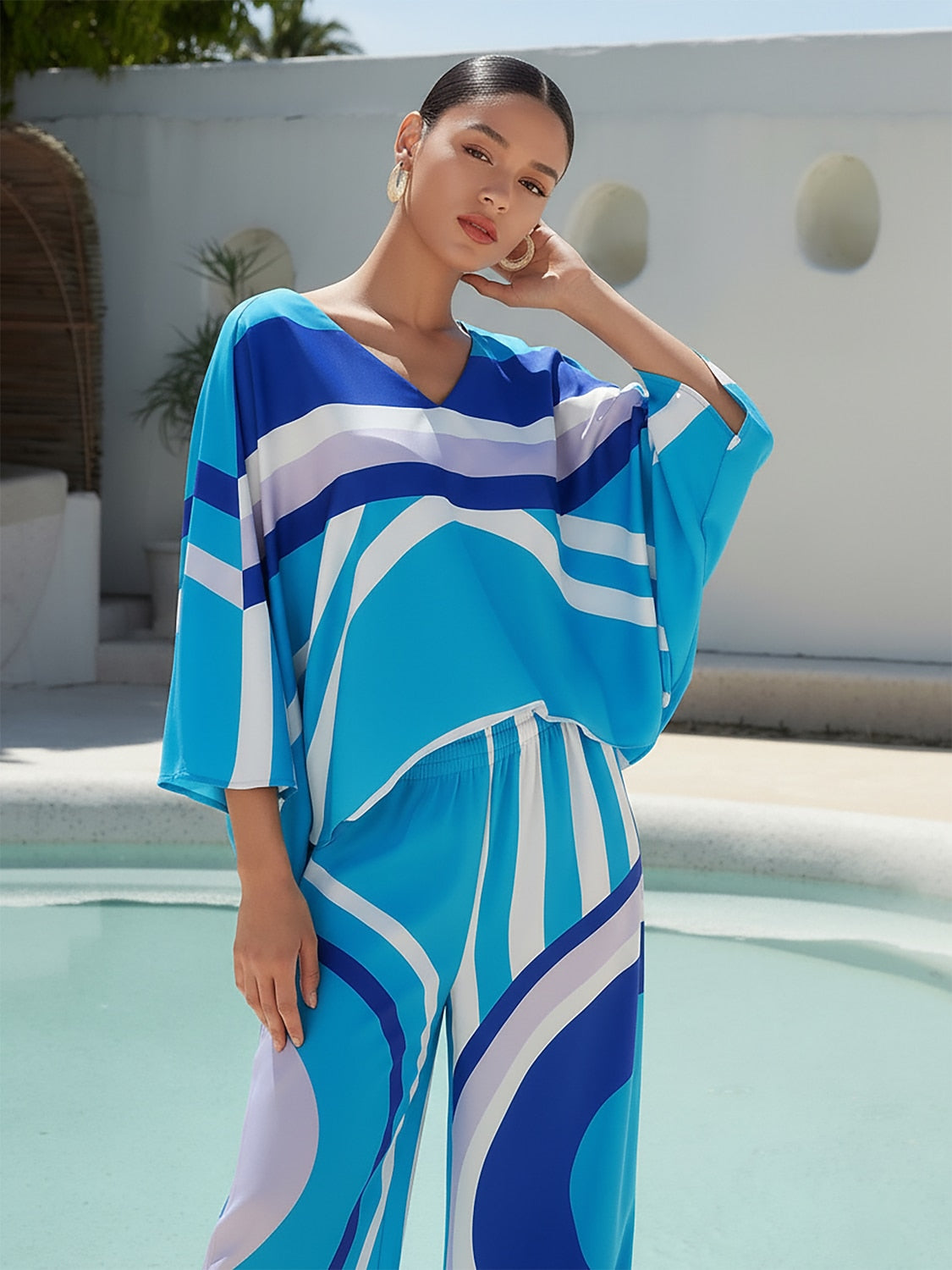 Satin Geometric Pattern Print Poncho Blouse