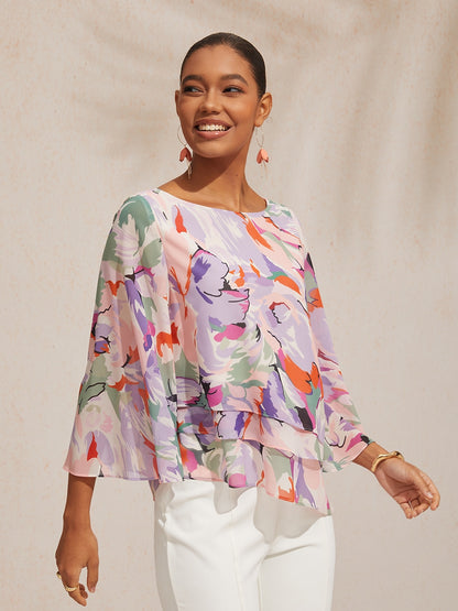 Vacation Abstract Floral Print Layered Design Chiffon Blouse