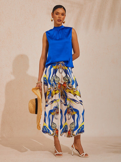 Vacation Stand Collar Ruched Satin Sleeveless Top