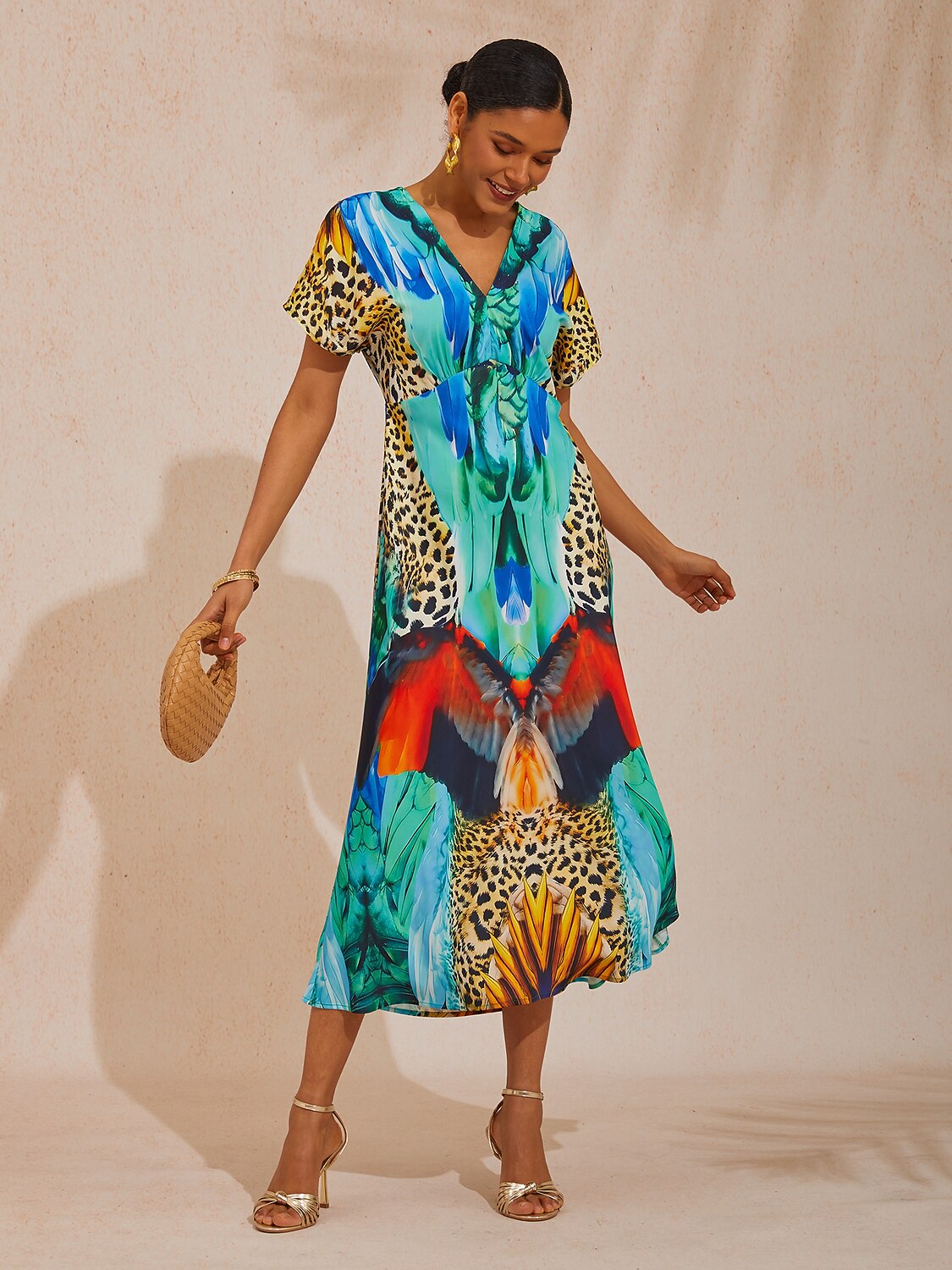 Vacation Jungle Beast Print Fitted Waist Satin Maxi Dress