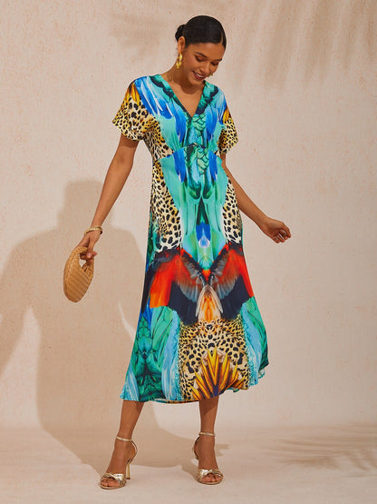 Vacation Jungle Beast Print Fitted Waist Satin Maxi Dress