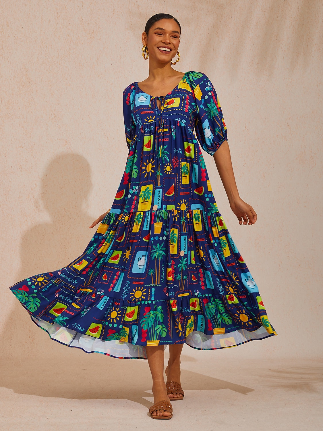 Vacation Tropical Geometric Print A Line Satin Maxi Dress